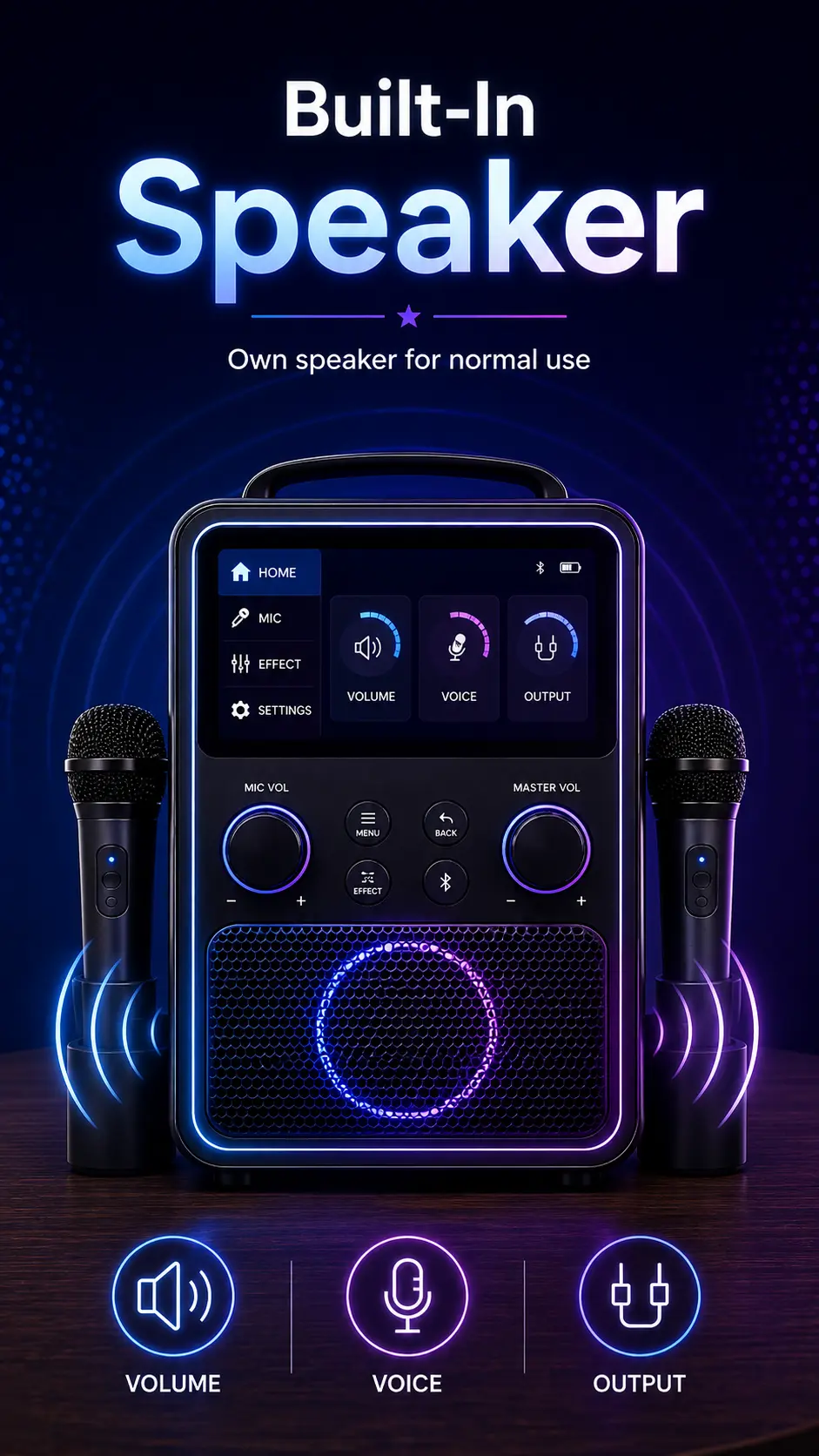 Built-in speaker drivers on the front panel of an integrated karaoke system