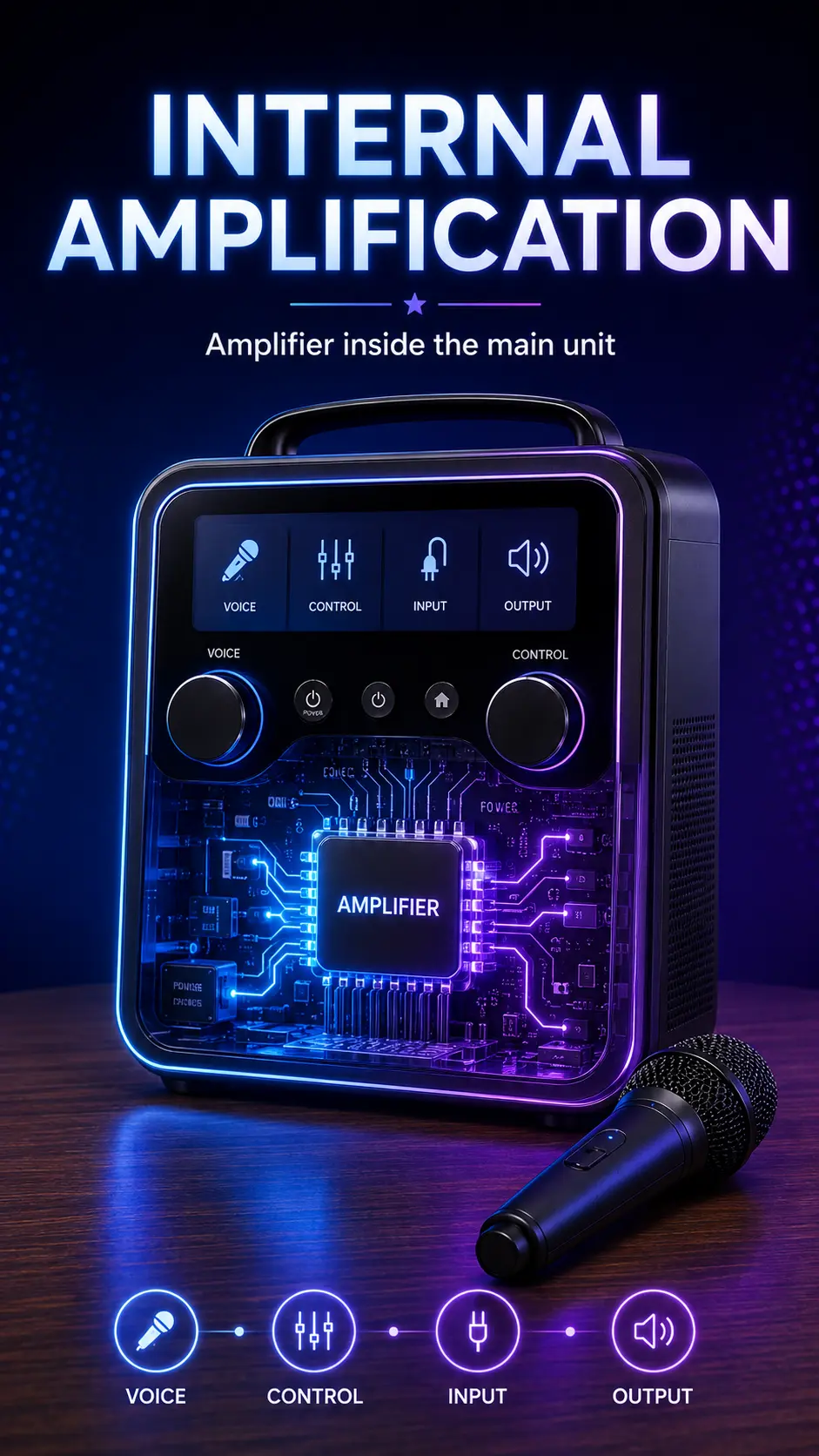 Built-in audio amplifier circuitry inside an all-in-one karaoke machine