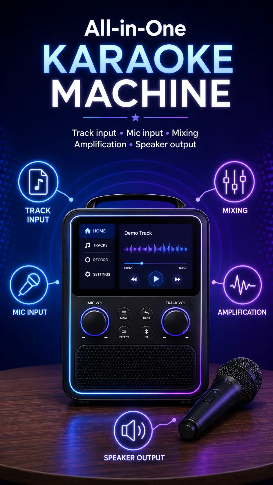 An all-in-one karaoke machine combining track mixing, microphone inputs, and speaker output in a single unit