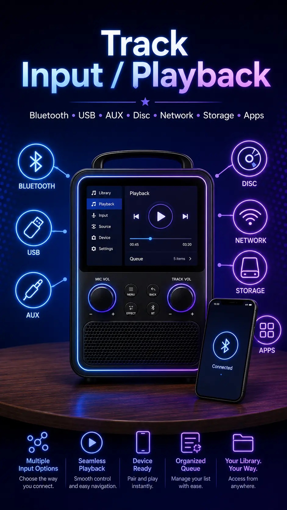Onboard audio track playback controls including USB port and AUX input ports