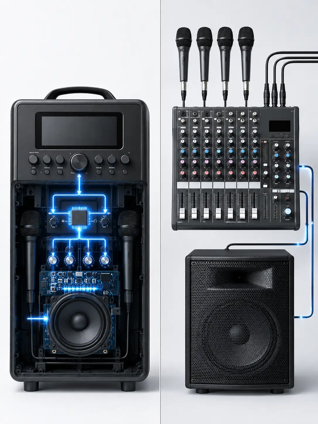 Side-by-side infographic comparing an integrated all-in-one karaoke speaker with a modular component-based system
