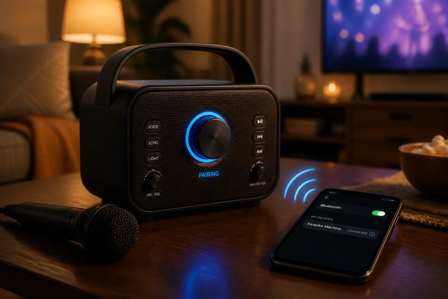 Smartphone streaming music wirelessly via Bluetooth to a portable karaoke machine speaker