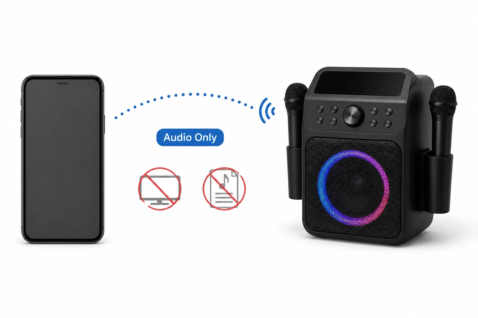Bluetooth pairing screen on a phone connecting to a home karaoke speaker system