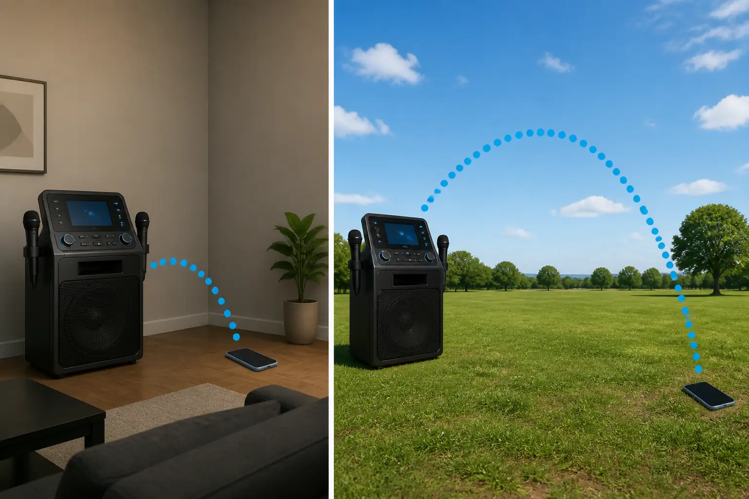 Diagram illustrating indoor wall signal attenuation versus outdoor open range for Bluetooth