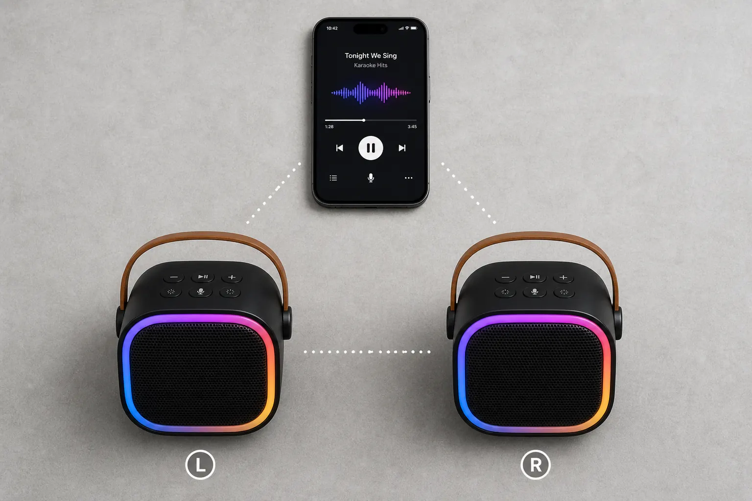 Two identical karaoke speaker units paired together using TWS wireless stereo mode