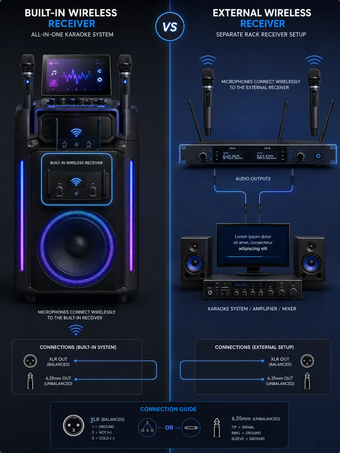 Diagram comparing built-in wireless receivers versus external receiver modules and dynamic dongles