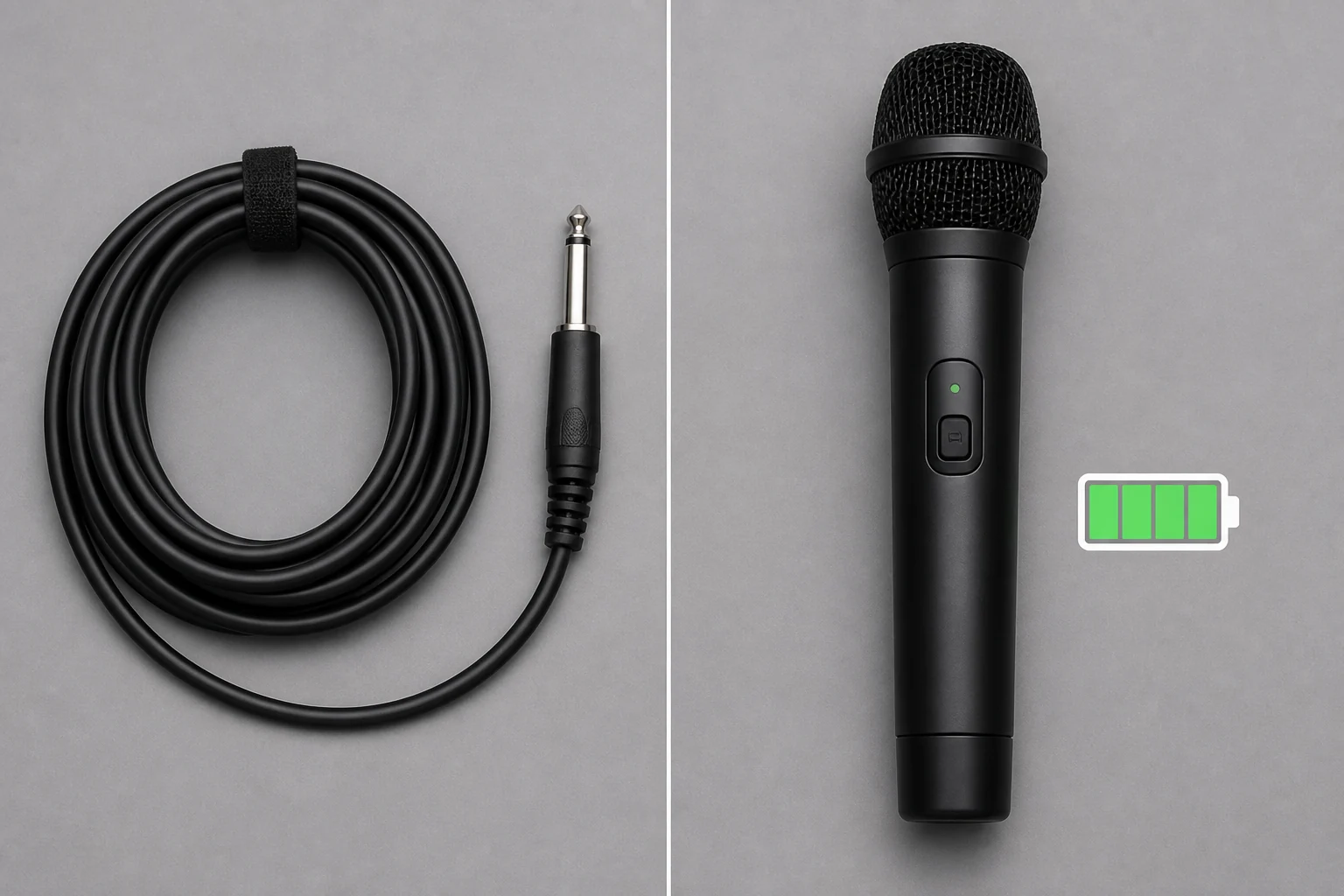 Comparison diagram listing pros and cons of wired versus wireless karaoke microphones