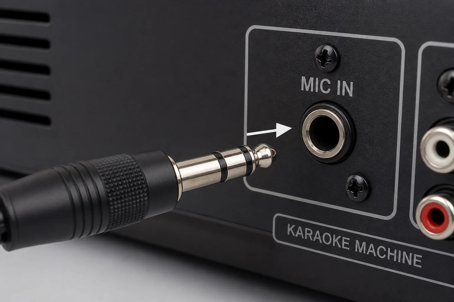 Hand connecting a quarter-inch wired microphone cable into the mic input jack