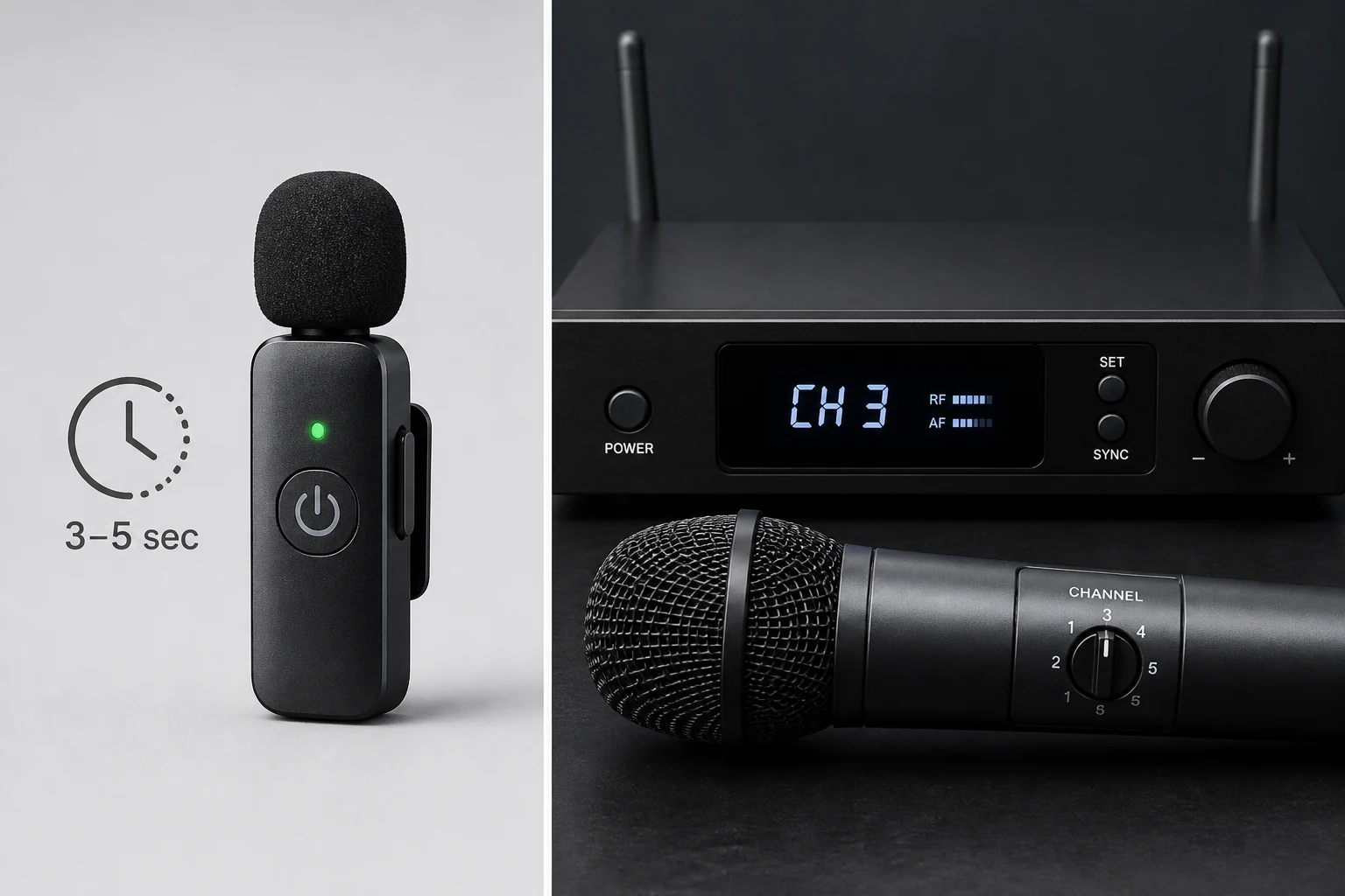 Wireless microphone receiver matching channels with a handheld transmitter