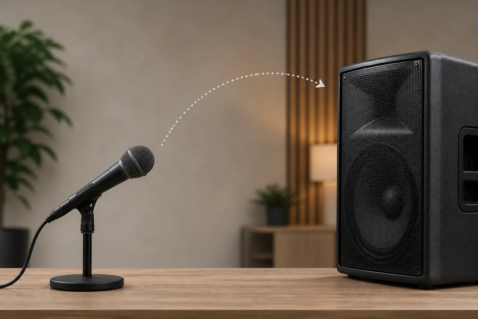 Diagram showing proper microphone placement to prevent speaker feedback loop