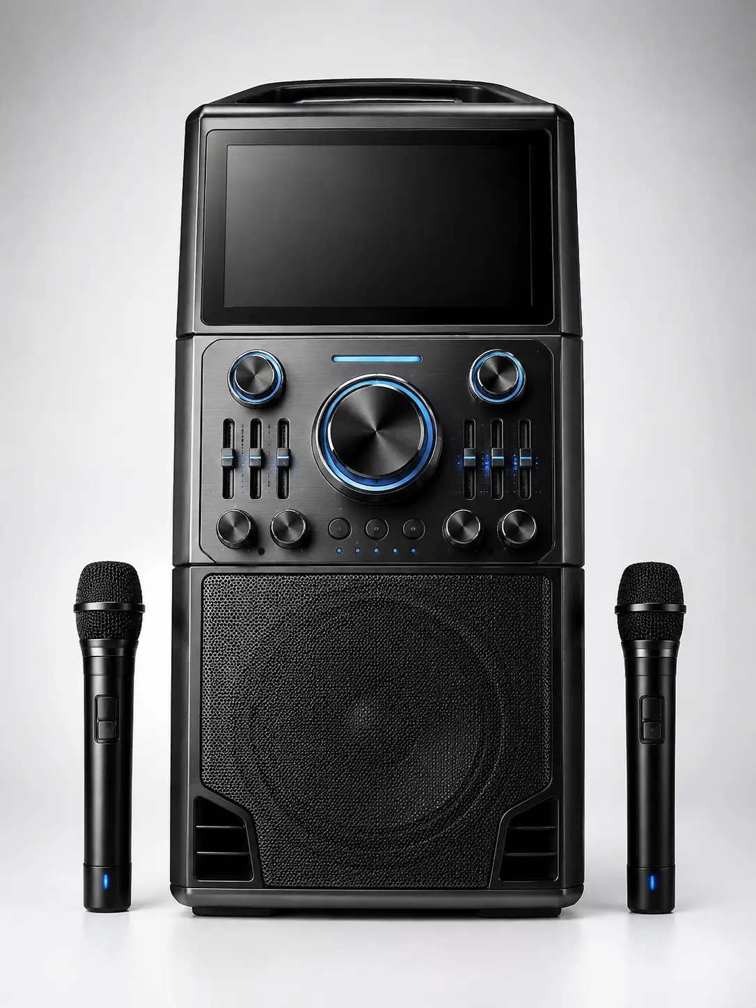 Black karaoke speaker featuring a built-in screen, physical adjustment knobs, vertical mixing sliders, and dual wireless microphones