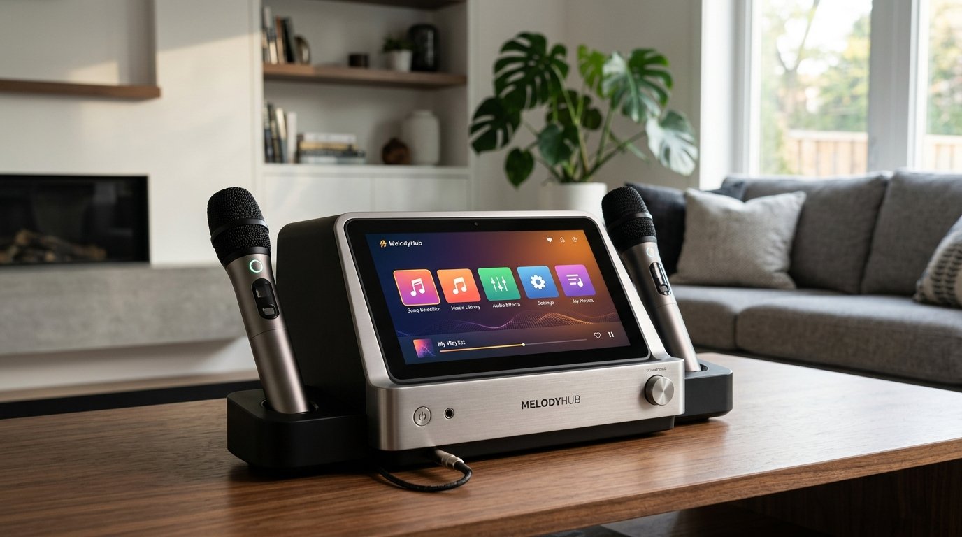 A modern home karaoke machine with a built-in screen and dual microphones on a living room table