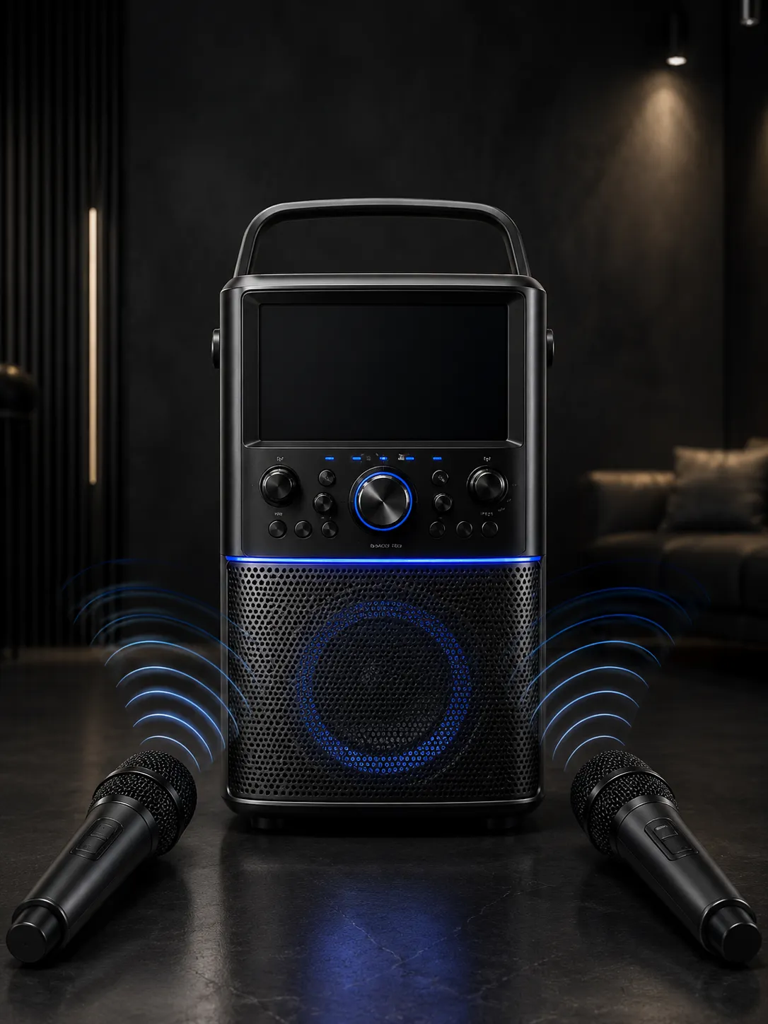 Smart karaoke machine with glowing blue LED trim and two wireless microphones capturing incoming vocal signals
