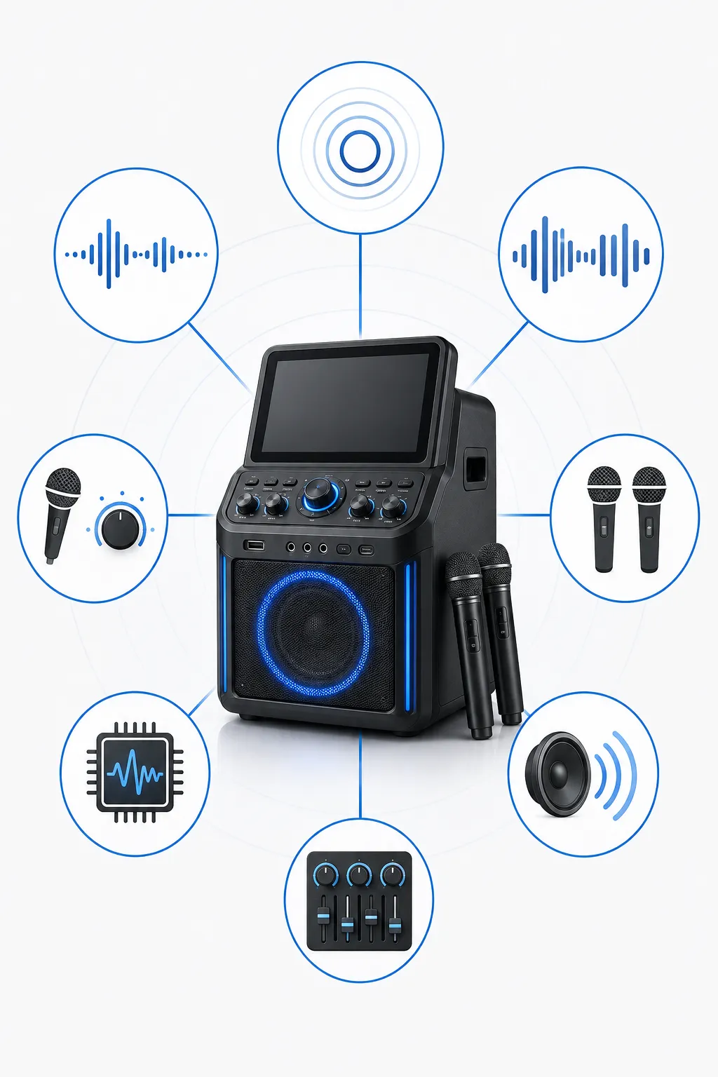 Infographic illustrating a smart karaoke machine at the center with circular icons for DSP chip, echo, reverb, mixing sliders, and speaker output
