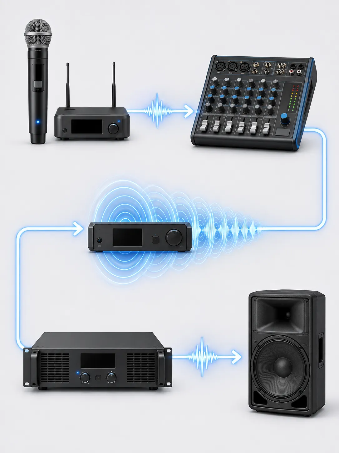 Diagram showing the vocal audio signal path from a wireless microphone to a mixer, effects processor, power amplifier, and speaker