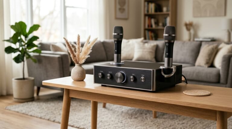 Premium home karaoke system with dual wireless microphones on a wooden table