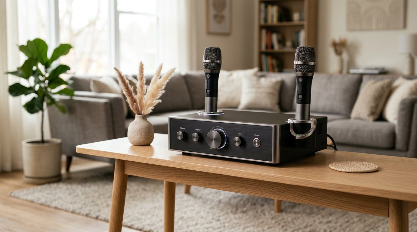 Premium home karaoke system with dual wireless microphones on a wooden table