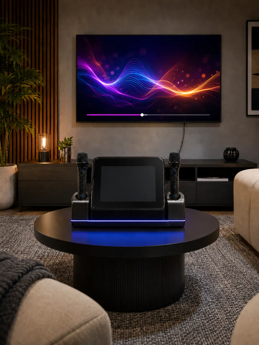 Singing Machine Platinum PLUS smart karaoke setup showing the built-in touchscreen and wireless microphones