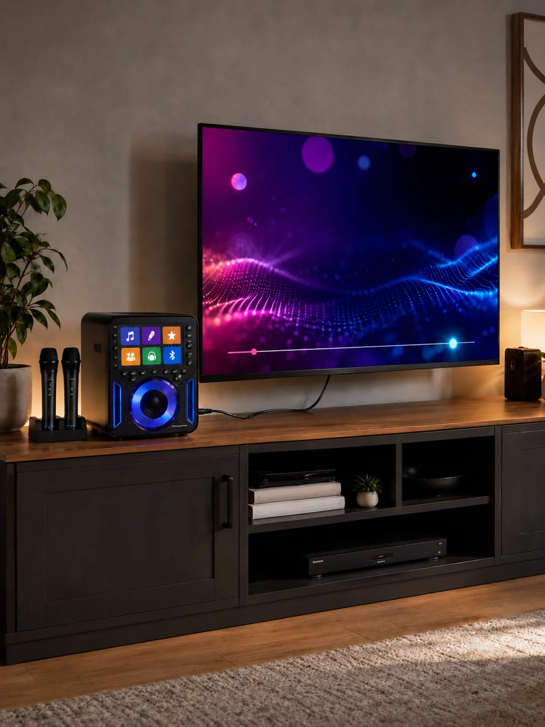 Diagram showing TV connection setup for displaying scrolling lyrics using HDMI and RCA composite
