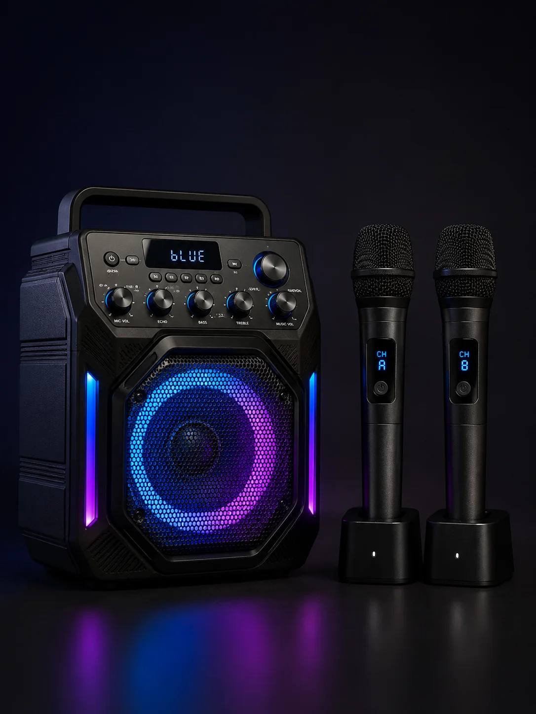 Large portable party speaker with dynamic LED lights and two wireless handheld microphones