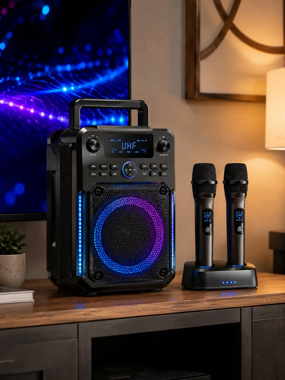 Integrated wireless karaoke machine showing dual microphones placed in their charging docks