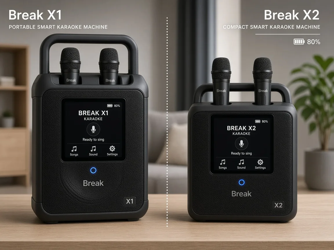 iKarao Break X1 and Break X2 portable karaoke machines with battery