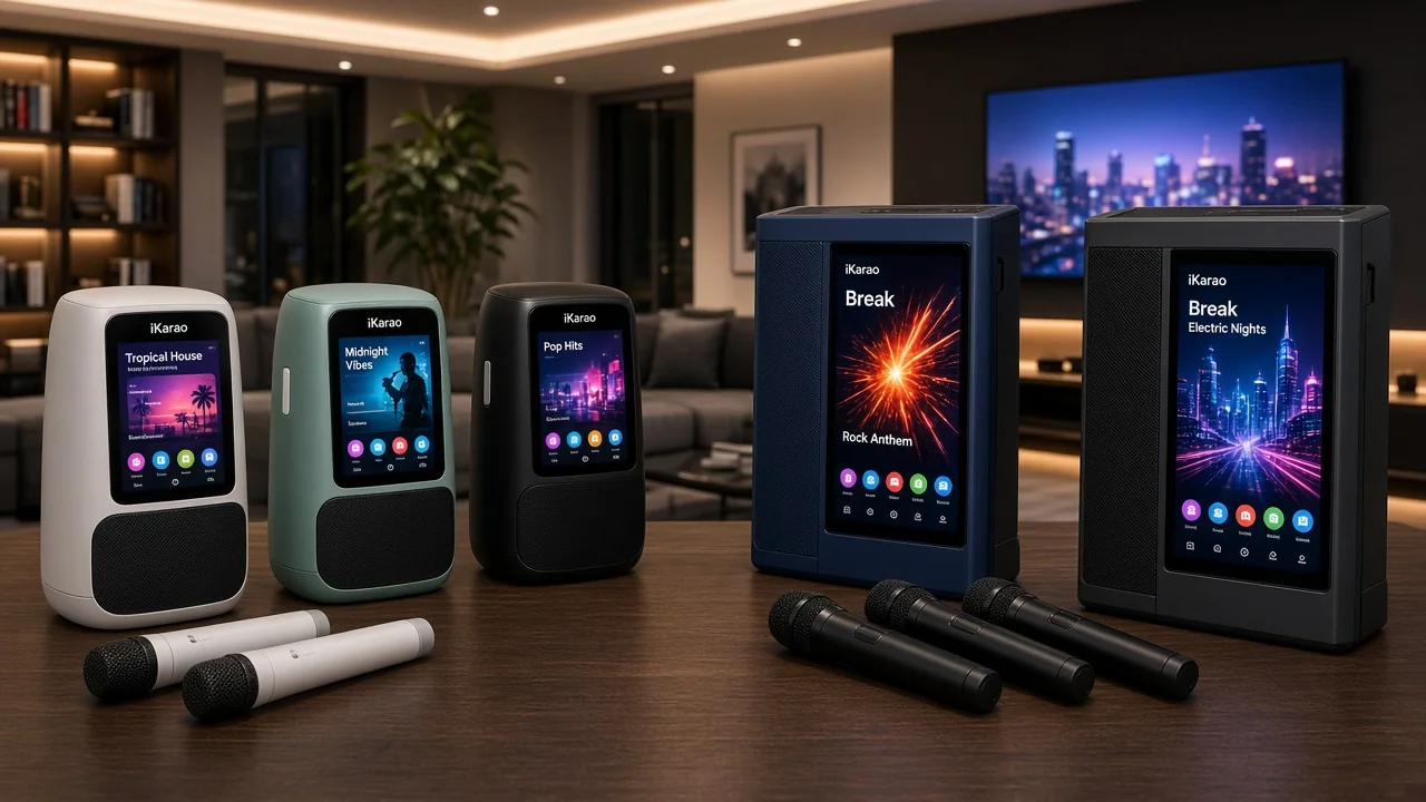 iKarao karaoke machines in a home entertainment setup with TV