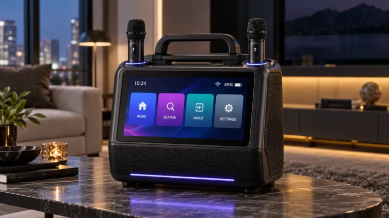 iKarao Break X2 all-in-one smart karaoke machine with 10.1-inch touchscreen and wireless microphones in a modern living room