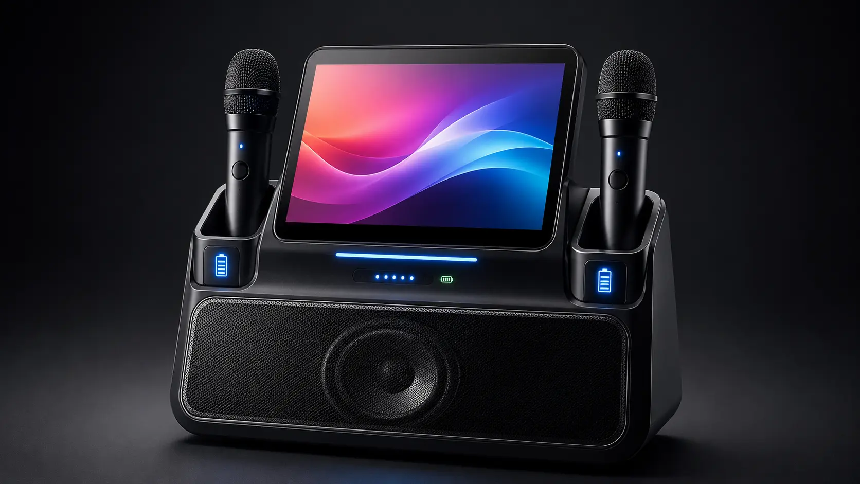 Two wireless microphones docked into the top magnetic charging slots of the iKarao Break X1 karaoke speaker