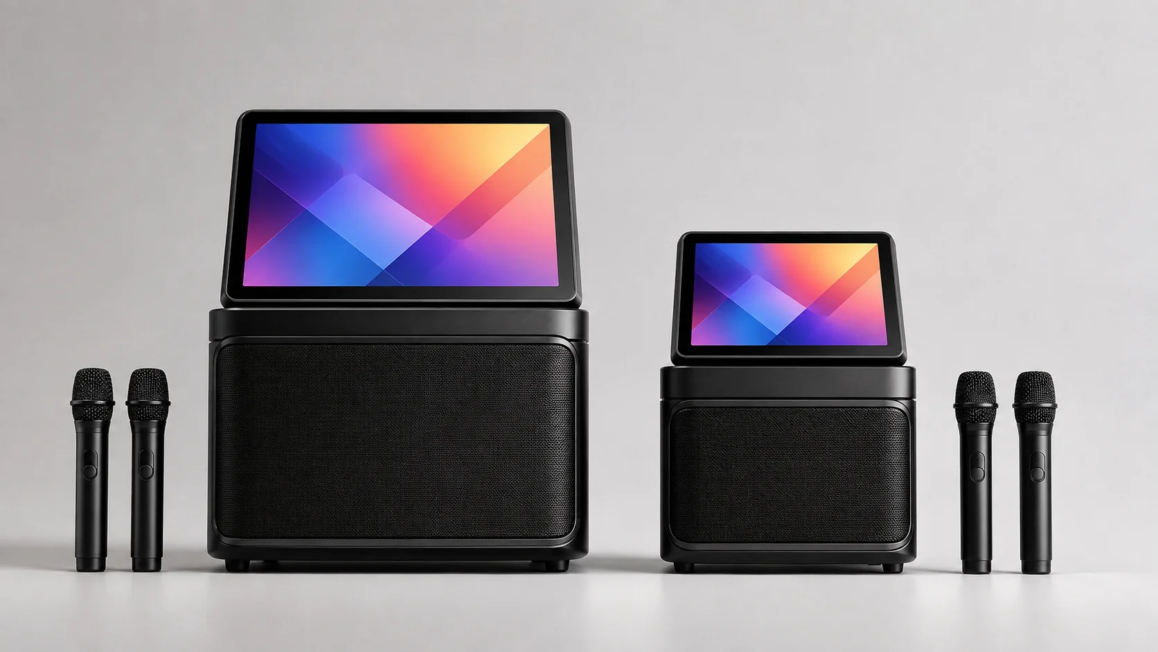 Size comparison between the 13.3-inch iKarao Break X1 and the 10.1-inch Break X2 smart karaoke systems side-by-side