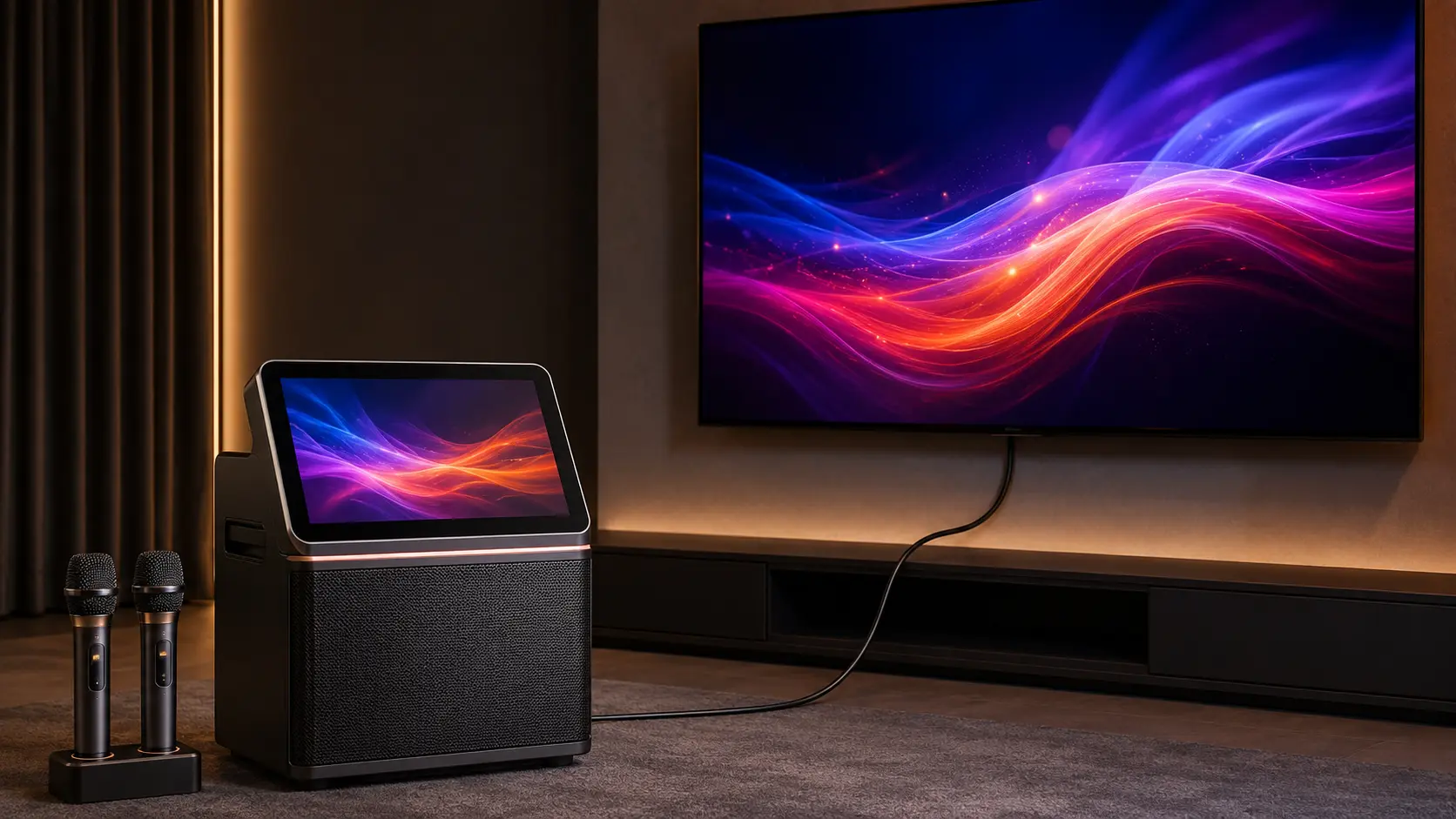 iKarao Break X1 connected to a flat-screen television via HDMI cable displaying video lyrics for living room karaoke
