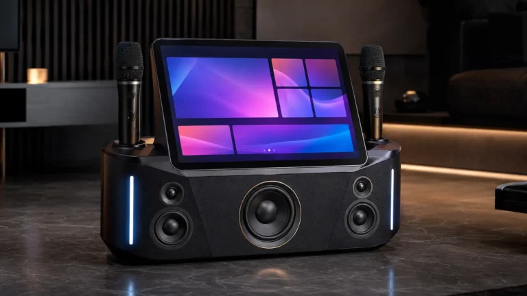 iKarao Break X1 all-in-one smart karaoke system with 13.3-inch touchscreen and dual wireless microphones set up in a modern living room