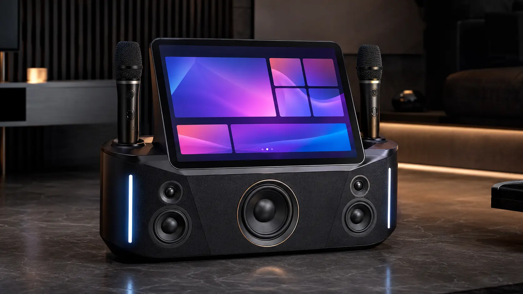 iKarao Break X1 all-in-one smart karaoke system with 13.3-inch touchscreen and dual wireless microphones set up in a modern living room